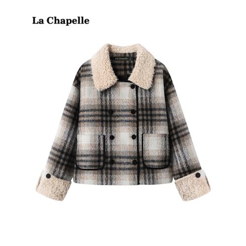 拉夏貝爾/La Chapelle仿羊羔毛翻領格紋外套女冬季新款保暖上衣