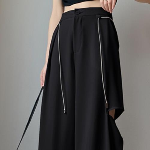 小個子高腰顯瘦休閑黑色西裝褲女夏薄寬松垂感窄版闊腿破洞直筒褲