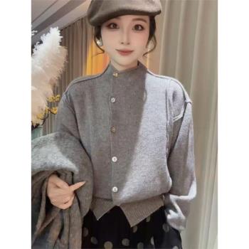 歐貨2024秋冬設計感時尚百搭半高領不規則修身顯瘦針織開衫女上衣