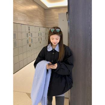 烏77撞色翻領羽絨服女小個子oversize寬松中長款百搭保暖外套冬季
