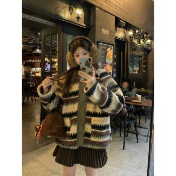 烏77復古撞色條紋雙面穿羊羔毛外套女冬季設計感寬松保暖翻領棉服