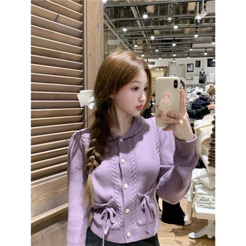 Q女家 奶芋可露麗/紫色麻花開衫毛衣外套女秋季小個子針織衫上衣