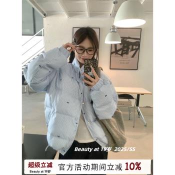 藍色羽絨棉服外套女秋冬季韓系棉襖加絨加厚保暖蝴蝶結麵包服棉衣