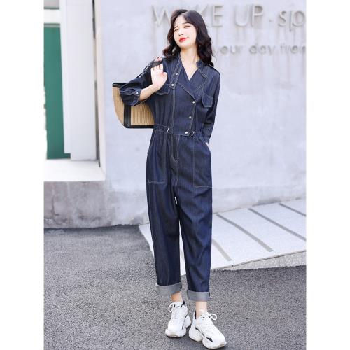 氣質西裝翻領牛仔連體褲女2024春秋新款休閑時髦寬松工裝連衣長褲
