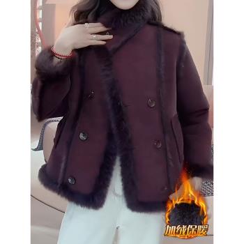 皮毛一體加絨外套女2024新款冬季加厚時尚小個子百搭保暖毛毛大衣
