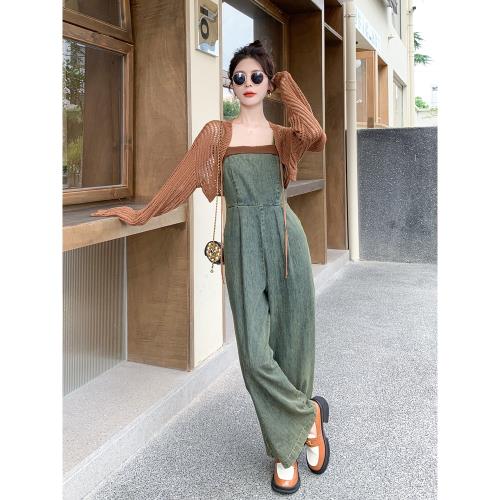 闊腿牛仔連體褲套裝女2024春秋季新款針織鏤空披肩吊帶長褲兩件套