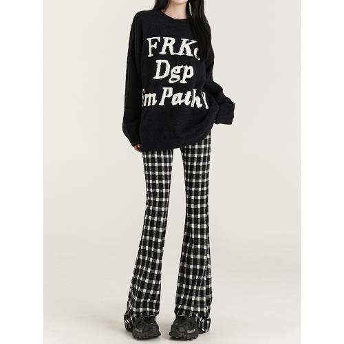 美式黑白格子微喇叭褲女夏季2025年新款復古辣妹百搭拖地休閑褲子