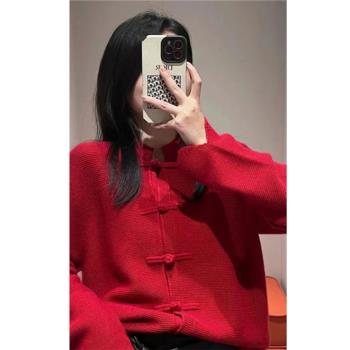 新中式女裝100%純羊毛國風復古盤扣立領上衣本命年紅色別致毛衣女