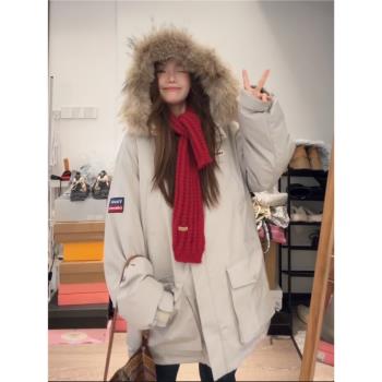 設計感工裝派克羽絨棉服女冬季中長款韓版小眾美式復古毛領外套潮