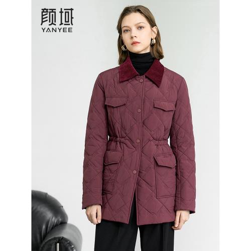 顏域酒紅色夾棉棉衣女款冬季2024新款復古棉襖中長款翻領棉服外套