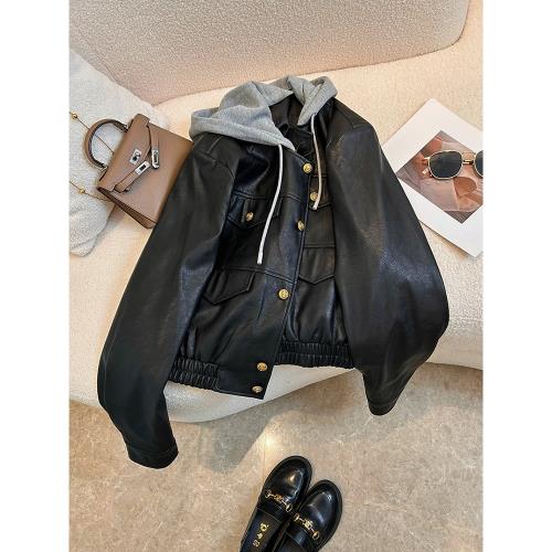 高級感黑色皮衣外套女春秋新款大碼寬松小個子夾克短款機車服上衣