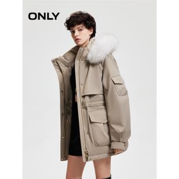 【鵝絨服】ONLY冬季保暖連帽收腰工裝羽絨服女|123423021