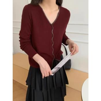 歐貨秋季V領顯瘦細閃超細羊毛針織衫百搭波浪燙鉆減齡女人味上衣