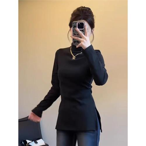 大碼內搭半高領時尚上衣女冬季微胖mm修身顯瘦T恤褶皺收腰打底衫