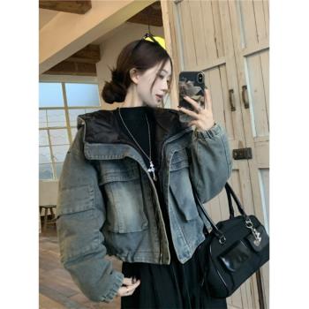 復古時尚加絨長袖牛仔棉衣外套女冬季2025新款寬松顯瘦拉鏈上衣潮