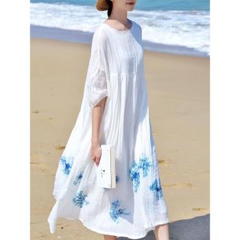 薴麻雙層連衣裙女夏季新慵懶風棉麻袍子藍染寬松仙女長裙