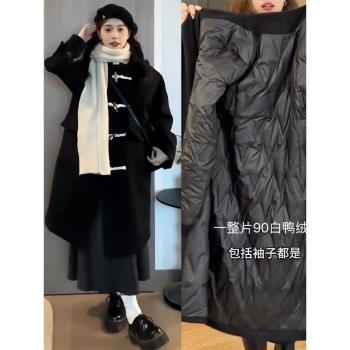 黑色連帽羽絨服內膽呢子大衣女小個子秋冬新款加厚牛角扣毛呢外套