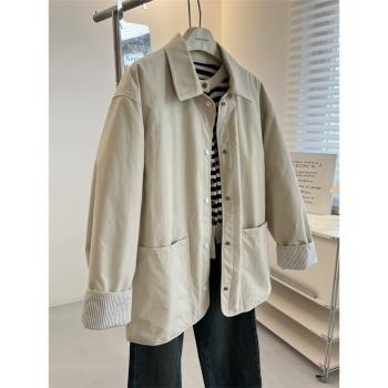 復古翻領白鴨絨米白色工裝羽絨服女寬松輕薄保暖中長款外套冬季潮