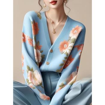 法式優雅絕美藍色印花v領長袖毛衣針織衫女秋季款設計小個子上衣