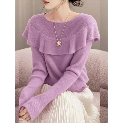 時尚絕美淑女范紫色荷葉領長袖針織衫女秋冬款超好看寬松套頭毛衣