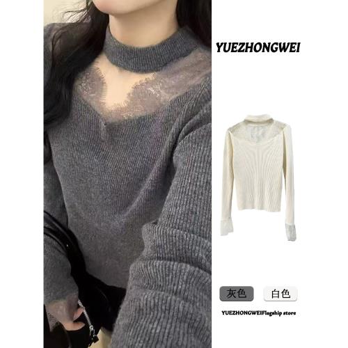 灰色掛脖蕾絲拼接針織打底衫女秋冬季修身內搭毛衣可外穿長袖上衣