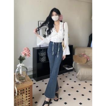 韓版純欲風翻領抽繩褶皺喇叭袖襯衫女設計感氣質小眾修身顯瘦上衣