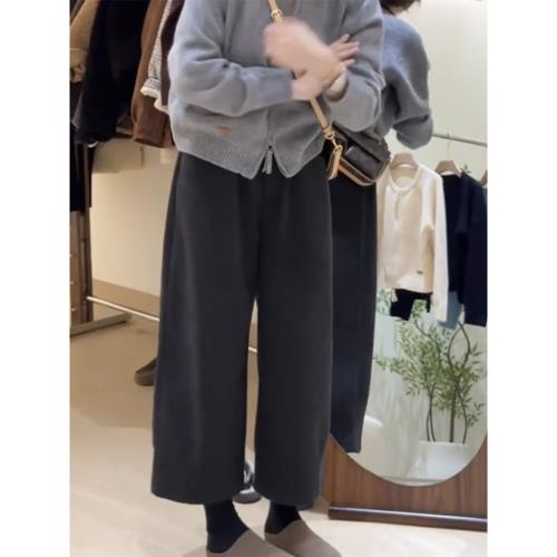 韓系深灰色松緊腰毛呢九分闊腿褲2026春季加厚寬松慵懶風百搭褲子
