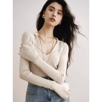 法式V領長袖打底衫女春秋修身洋氣內搭毛衣翻領針織衫喇叭袖上衣