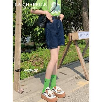 拉夏貝爾深藍色高腰直筒牛仔短褲