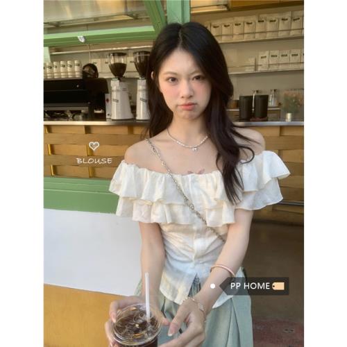 PP氣質荷葉邊一字肩別致修身襯衫