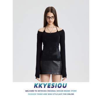 KKyesiou星星印花辣妹bm風短款上衣女美式高街一字領潮牌長袖T恤