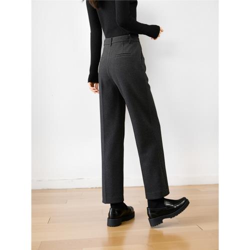 婭麗達羊毛醋酸直筒褲女冬季休閑褲黑色毛呢褲2025新款褲子煙管褲