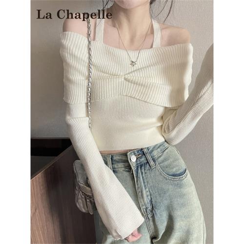 拉夏貝爾白色一字肩掛脖長袖針織衫女冬季2026新款露肩內搭短上衣