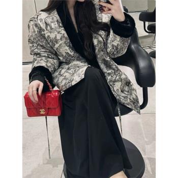 復古水墨畫羽絨棉服外套女冬季款高級新中式棉衣超好看新款棉襖