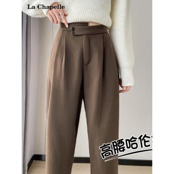 拉夏貝爾Lababite美拉德毛呢直筒休閑褲女春季高腰加絨加厚煙管褲