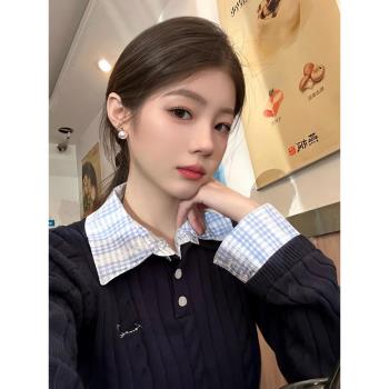 學院風假兩件針織衫女早春季拼接襯衫麻花polo領毛衣辣妹修身上衣