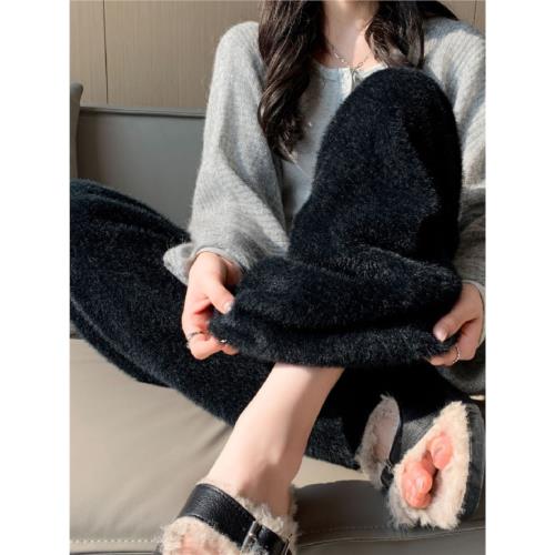 軟糯米水貂絨針織加絨褲子女高腰直筒休閑褲秋冬毛毛黑色闊腿長褲