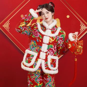 東北大花襖子過年棉襖女冬季加厚棉服外套民族風保暖棉衣棉褲套裝