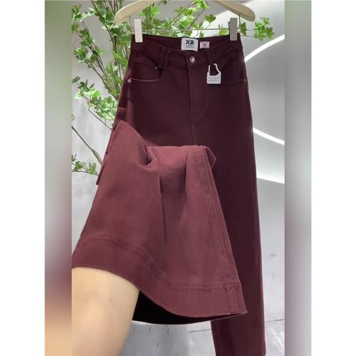 安可拉紅牛仔褲女秋冬季2025年新款寬松闊腿長褲子梨形身材小個子