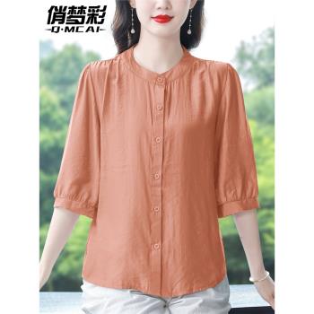 棉麻上衣女高階亞麻半袖襯衫2025新款女士夏季襯衣寬松遮肚子小衫