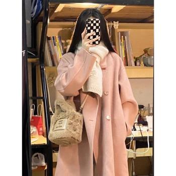 粉色毛呢外套女2024年秋冬季新款高階感韓系赫本風小個子呢子大衣