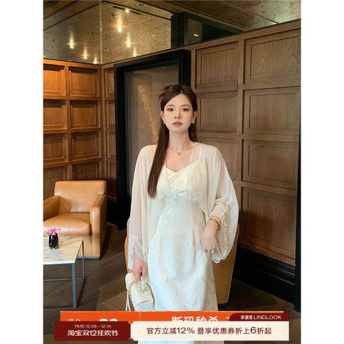 李瀟灑微胖大碼新中式白色吊帶連衣裙女夏季薄款百搭開衫披肩套裝