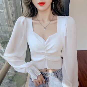 設計感小眾拼接方領上衣服網紗