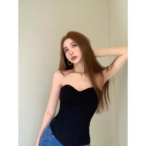 辣妹性感魚骨抹胸背心女夏季黑色氣質裹胸無肩帶短款內搭上衣外穿