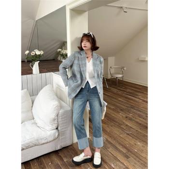 李瀟灑微胖大碼格紋西裝羽絨服女冬季小個子氣質寬松90白鴨絨外套