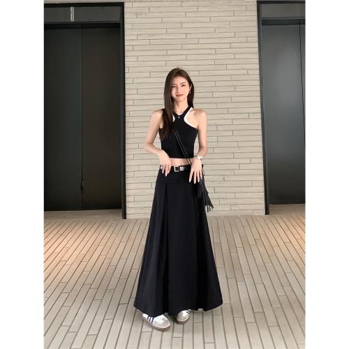 MULVAN 黑色半身裙女春夏顯瘦垂感百褶裙設計感氣質a字西裝長裙