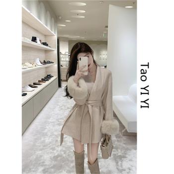 羊毛狐貍毛雙面呢大衣女神冬季法式氣質名媛連衣裙小香風毛呢外套