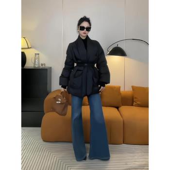 法式大翻領羽絨服女2024冬季時尚設計感寬松顯瘦保暖白鴨絨外套潮