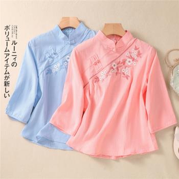 新中式民國改良漢服旗袍中國風大碼女裝棉麻繡花茶服唐裝上衣T恤