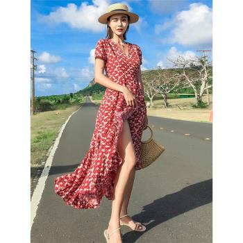 雪紡碎花連衣裙女夏季2025年新款桔梗法式名媛顯瘦開叉荷葉邊長裙